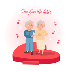 Dancing Elderly Couple on Heart Stage. Joyful Senior Duo, Golden Years Celebration