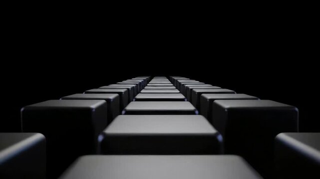 Futuristic pathway of dark minimalist cubes in an abstract 3D animated digital landscape