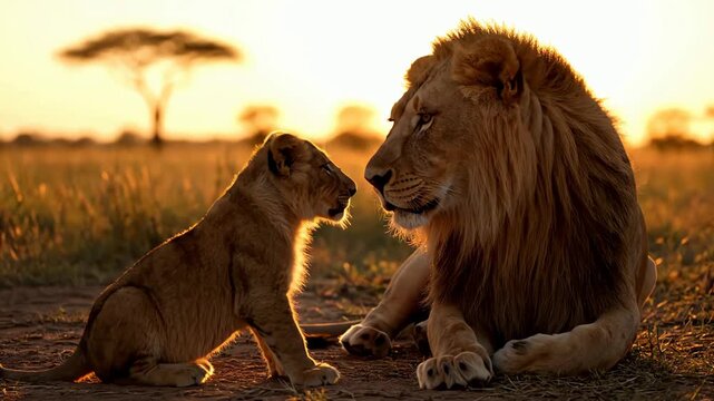 Tender Moment Between a Majestic Father Lion and His Cub During a Golden African Savanna Sunset