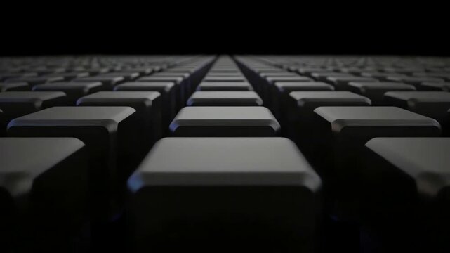 A close up forward moving animation through an endless grid of dark blank keyboard keys in a seamless loop.