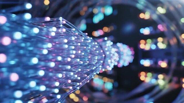 Abstract glowing fiber optic cables forming a tunnel of light, symbolizing data transmission and technology