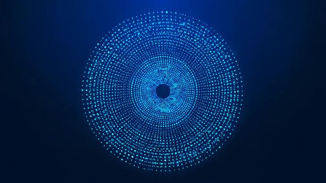 Futuristic abstract animation of a rotating digital fingerprint or iris scan made of glowing blue particles on a dark background.