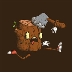 Hand drawn dot work vector illustration. Cute creepy cartoon character. Animated stump lies with severed arms, legs with sneakers and ax stuck into it on brown background. Forest work, logging, death