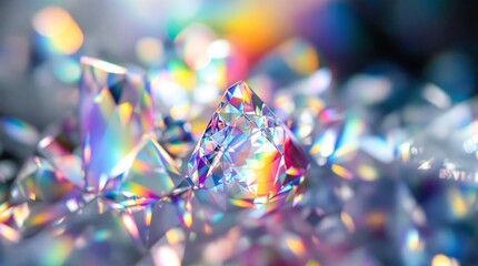 Close up of bright light rainbow gem with abstract reflection and refraction concept