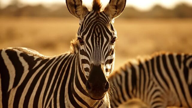 Close up portrait of a magnificent zebra in African savanna at sunset
