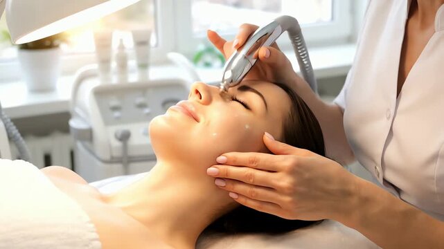 A woman receiving a professional anti-aging facial treatment with a microcurrent device in a beauty salon