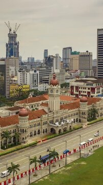 kuala lumpur cityscape central palace square downtown day time aerial vertical panorama 4k timelapse malaysia 
