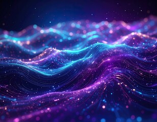 Fondo abstracto de part&iacute;culas de luz, renderizado 3D, estilo minimalista de arte digital, ondas de colores azules y violetas