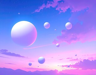 esferas de luz blanca flotan sobre un paisaje de part&iacute;culas de luz ne&oacute;n flotantes en una paleta degradada de azul y violeta