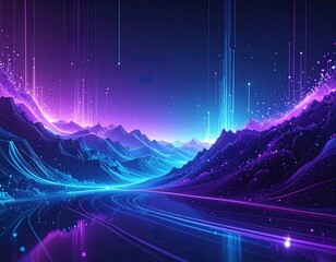 paisaje futurista de monta&ntilde;as de part&iacute;culas de luz ne&oacute;n flotantes en una paleta degradada de azul y violeta,  rayos de luz caen del cielo y otros salen de la tierra, l&iacute;neas de luz dibujan caminos 