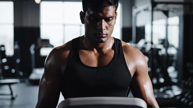 Athlete stepping on scale in gym for weight check and fitness tracking