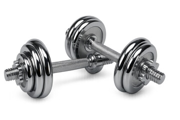Naklejka premium Pair of chrome plated dumbbells for strength training and fitness workout, gym exercise equipment isolated