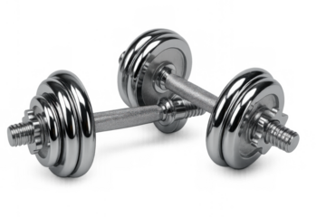 Pair of chrome plated dumbbells for strength training and fitness workout, gym exercise equipment isolated