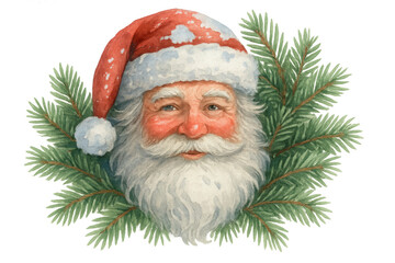 Santa claus watercolor portrait with a friendly smile, red hat, and white fluffy beard, framed by green pine branches. Transparent background
