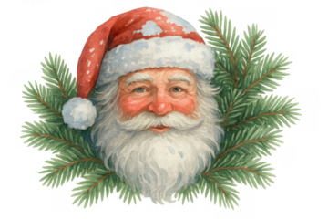 Santa claus watercolor portrait with a friendly smile, red hat, and white fluffy beard, framed by green pine branches. Transparent background
