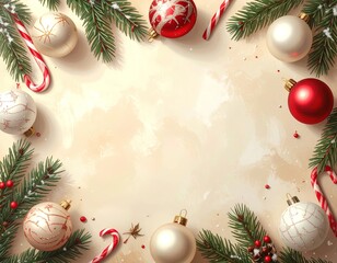 un fondo color beige claro a su alrededor ramas de pino, bastones dulces, esferas rojas y plateadas de navidad