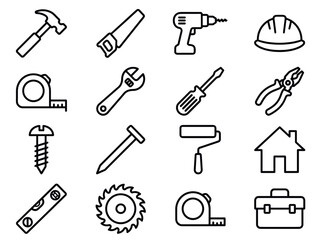 Fototapeta premium Collection of construction and DIY tools icons in a clean line art style.