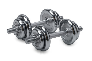 Fototapeta premium Two chrome dumbbells representing fitness, strength, and weightlifting for gym workouts and bodybuilding