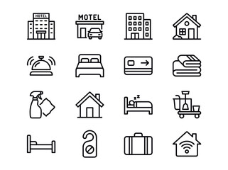 Collection of Hotel and Motel Icons for Accommodation Services.