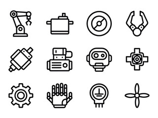 Collection of industrial robot and technology icons.