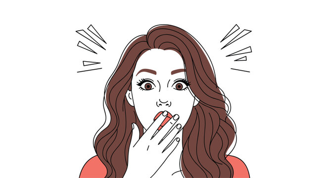 Illustration of a surprised woman covering her mouth with her hand as astonished eyes widen and expressive lines emphasize a dramatic moment.