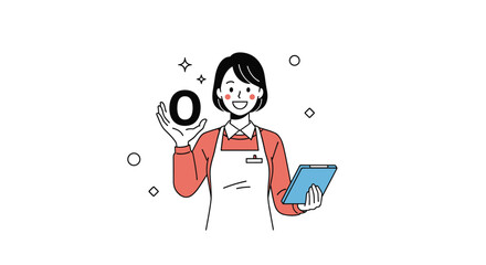 Cheerful store assistant in a red apron greets customers with a friendly wave while holding a notebook and offering helpful service across the shop floor.