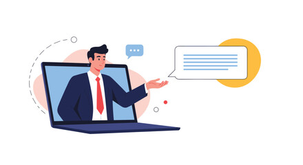 Business professional appears from a laptop screen delivering a remote presentation with chat bubbles and interactive dialogue in a modern digital workspace.