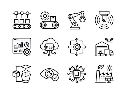 Industrial Automation and Smart Factory Technology Icons.