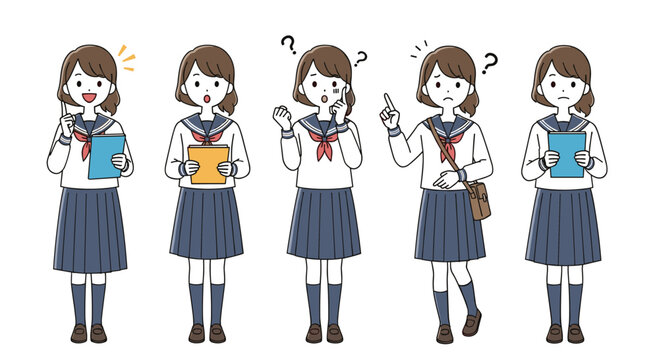 five schoolgirls in matching uniforms engage in study and discussion with notebooks as they pose questions and share ideas during a classroom scene.