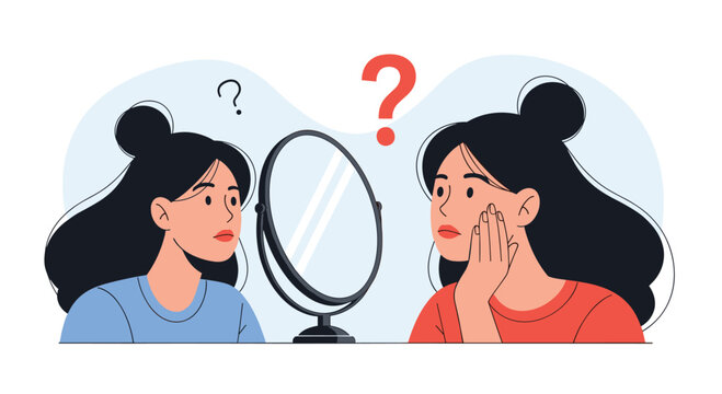 Two women gaze into a mirror with thoughtful expressions and question marks above them as they explore self image and inner doubt about their appearance.