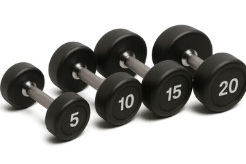Dumbbell weights set for fitness training, strength building in gym, black rubberized with numbers, transparent background