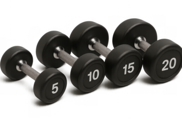 Dumbbell weights set for fitness training, strength building in gym, black rubberized with numbers, transparent background