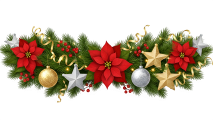 Christmas garland with red poinsettias isolated on transparent background