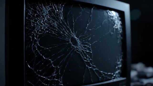 Damaged retro television monitor with a broken glass screen displaying static and glitch effects in the dark