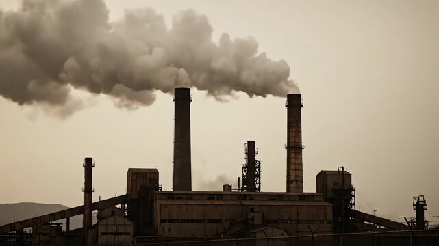 Heavy smoke and pollution billow from industrial factory smokestacks in a desolate landscape.