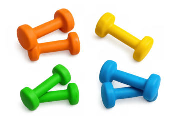 Four pairs of vibrant colored dumbbells ready for a workout, promoting strength training, active living, and a healthy lifestyle