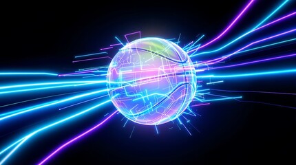 Digital basketball ball floating with blue and pink neon light trails in dark black background