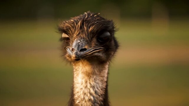 A curious Emu turns its head to look directly at the camera in a detailed close-up portrait