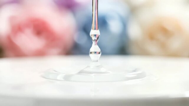 Close-up slow motion of a clear liquid drop falling onto a reflective surface with blurred floral background