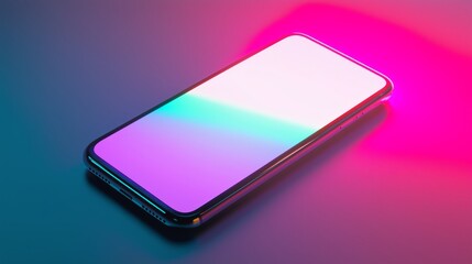 Stylish smartphone mockup on reflective table surface with soft neon lighting, clean empty display for UI showcase, tech ads, and modern product visuals