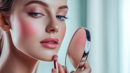 Romantic woman applying natural makeup with brush in front of elegant vanity mirror, beauty.