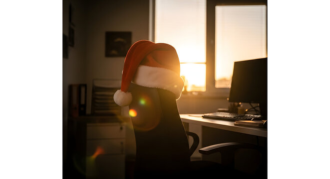 Silla de oficina con gorro de Pap&aacute; Noel frente a ventana al amanecer, luz dorada y copy space para saludo corporativo de Navidad