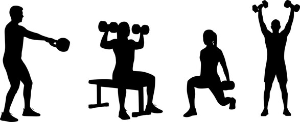 Four exercise silhouettes &mdash; kettlebell swing, seated dumbbell shoulder press, lunge with dumbbell, standing dumbbell shoulder press, fitness training illustration set