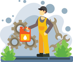 Mechanic holding oil container for machine maintenance illustration