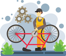 Bicycle mechanic fixing bike outdoors illustration