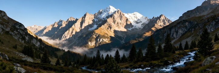 Ultra-Realistic Panoramic Mountainscape With Towering Peaks Snowfields Pine Forest Valleys Mist Dramatic Shadows Vibrant Nature Scenic Landscape Travel Adventure Background