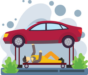 Mechanic inspecting car underside on lift illustration