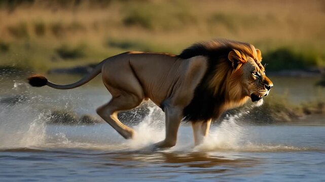 running lion in the water 