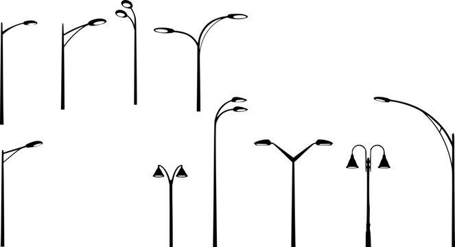 Streetlight silhouette collection, dual arm lamp post designs, urban lighting illustration, modern city pole artwork, outdoor night architecture elements