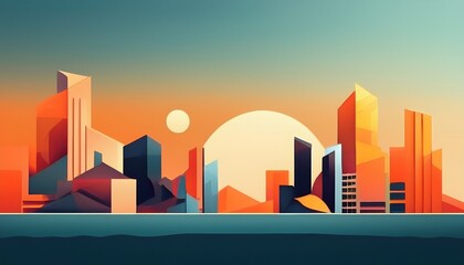 minimalist cityscape at sunrise with geometric shapes and calm color palette